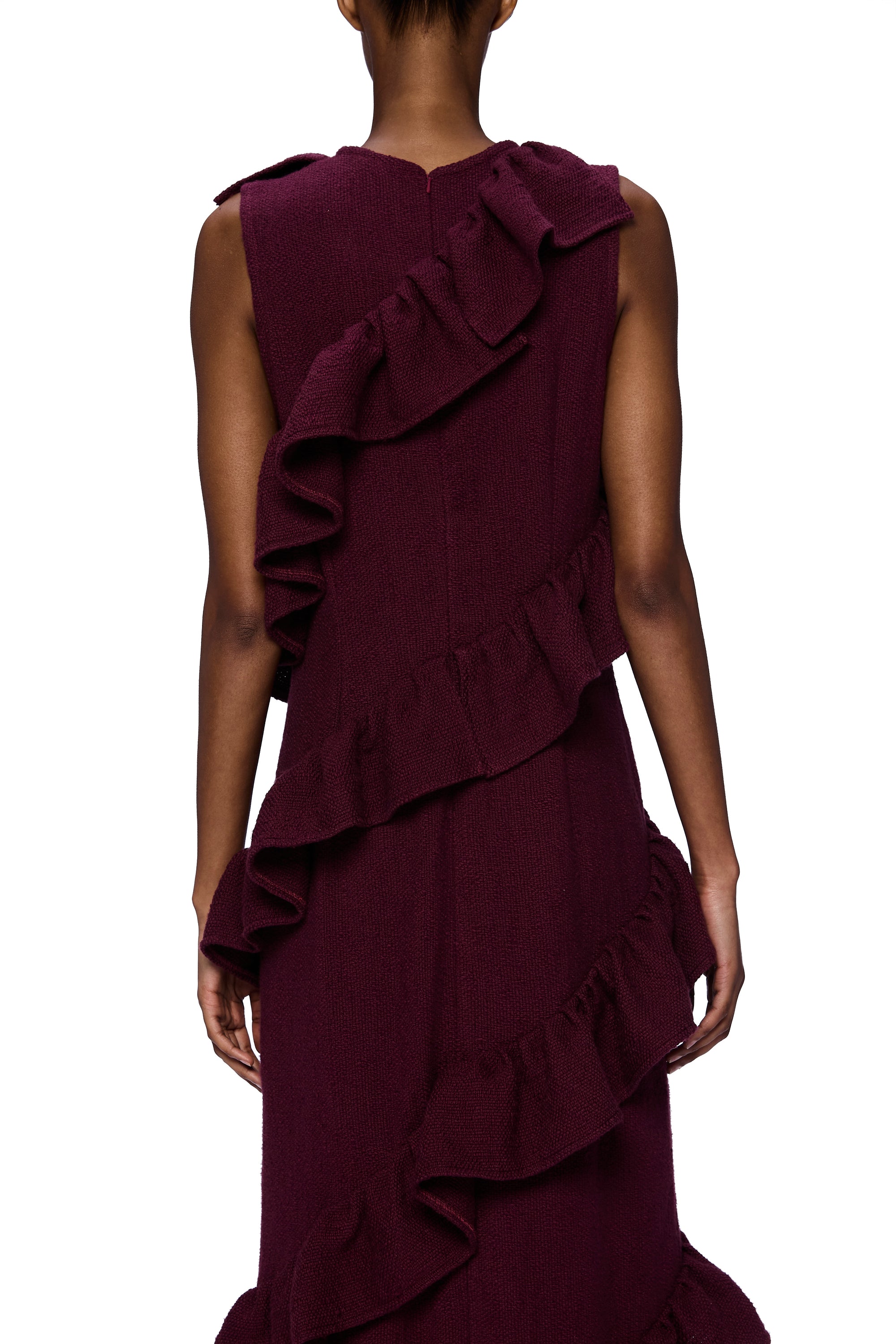 The Spiral Ruffle Dress : Merlot Flamme