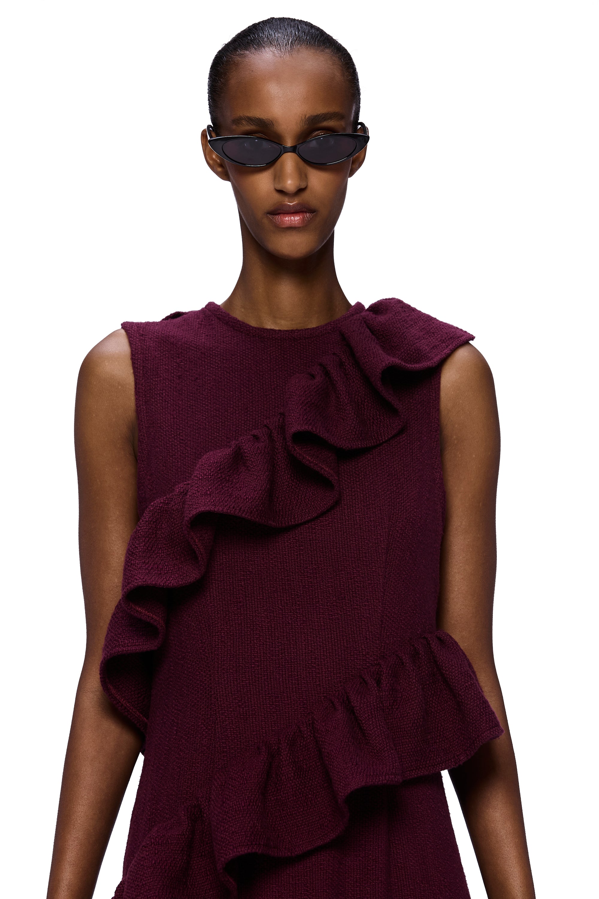 The Spiral Ruffle Dress : Merlot Flamme