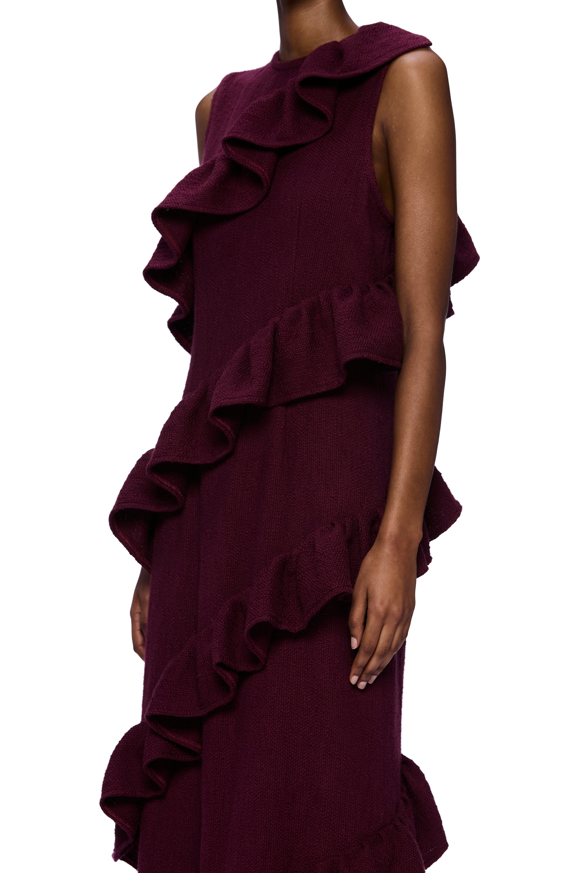 The Spiral Ruffle Dress : Merlot Flamme