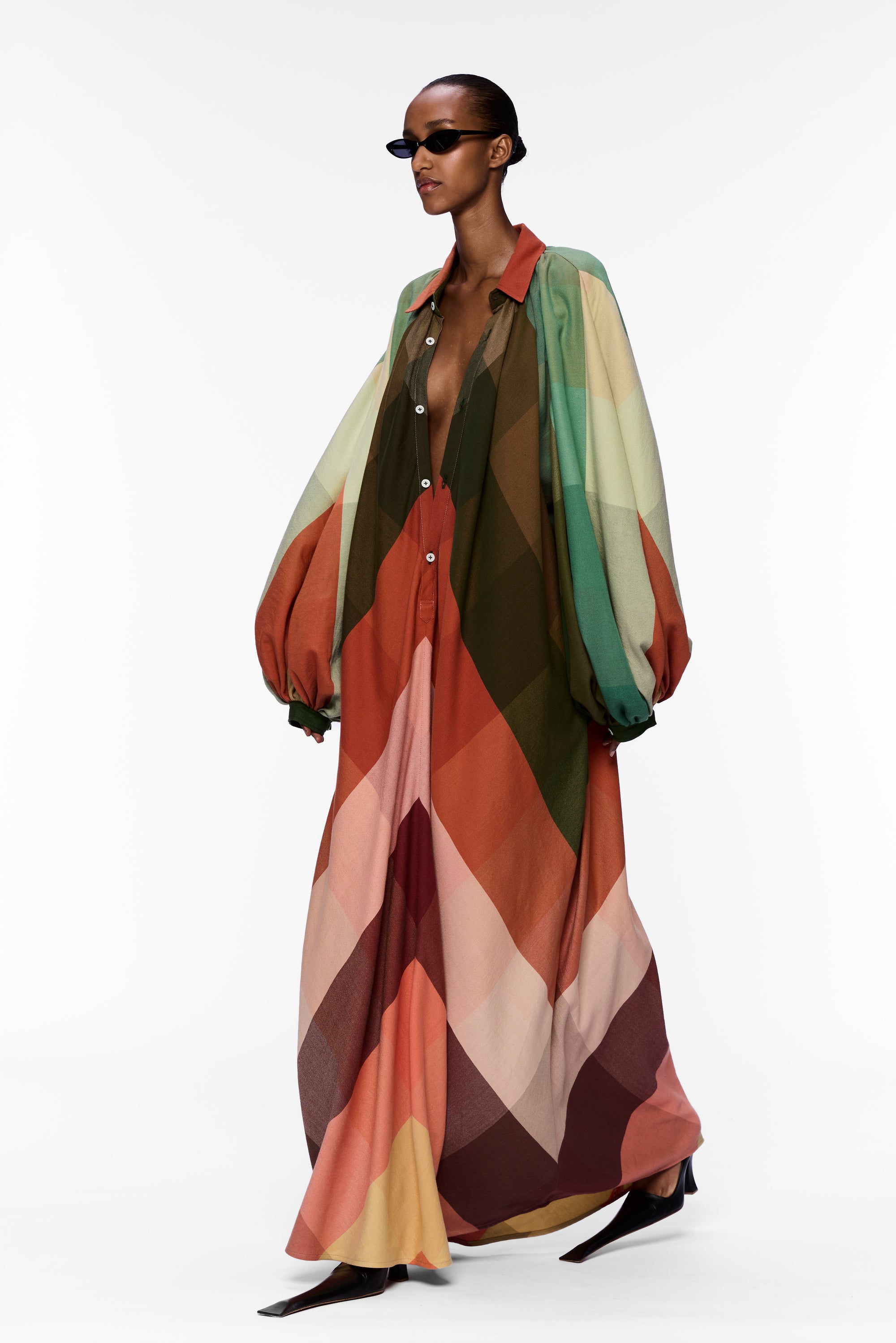 The Touareg Dress with Balloon Sleeve : Plaid Multicolor