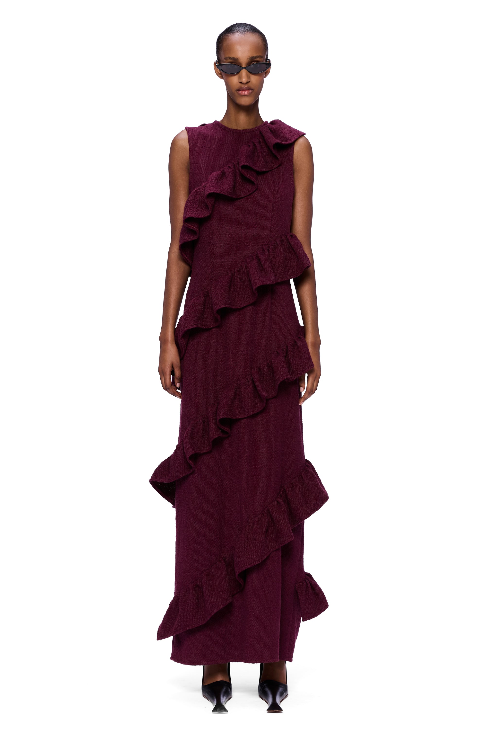The Spiral Ruffle Dress : Merlot Flamme