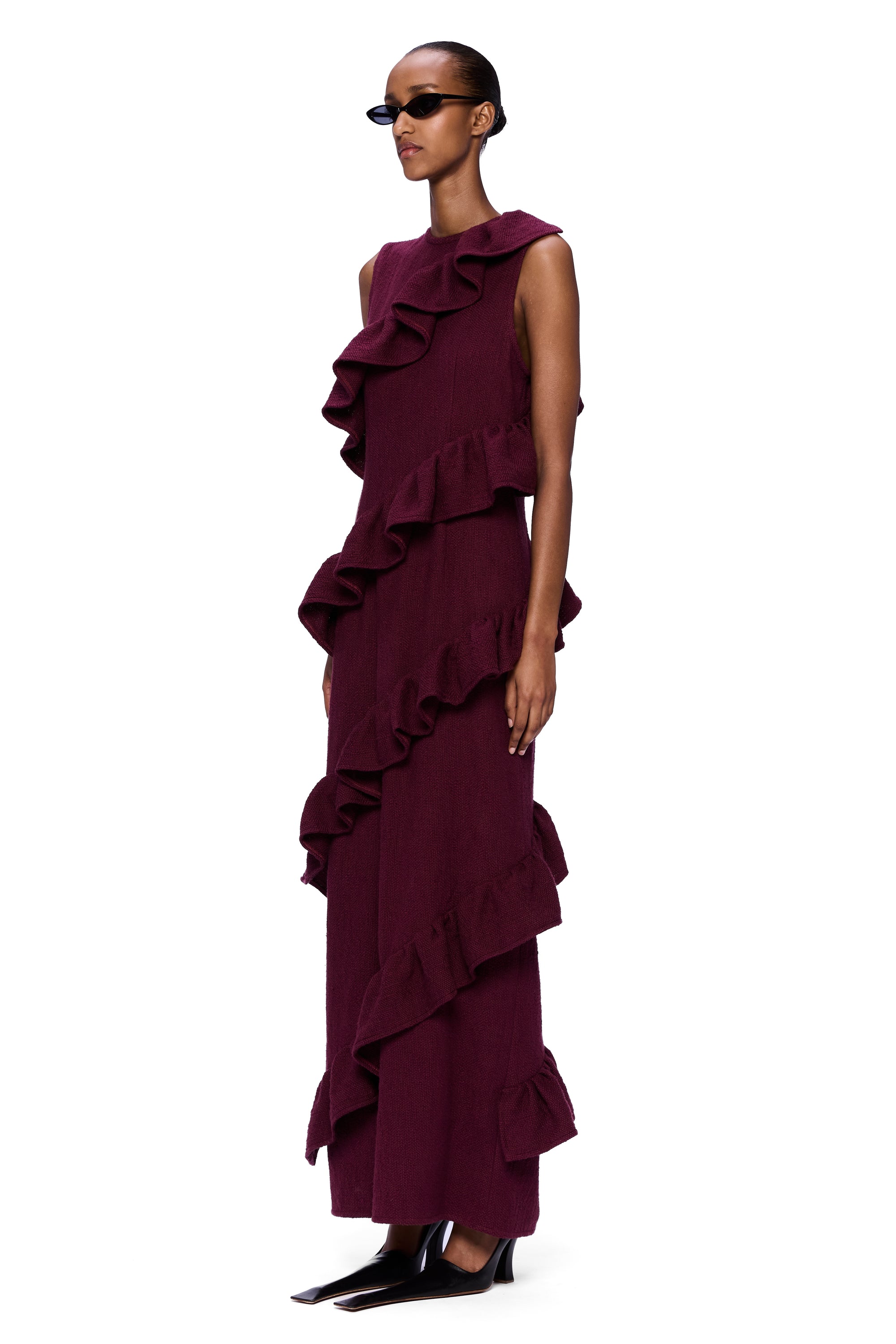The Spiral Ruffle Dress : Merlot Flamme