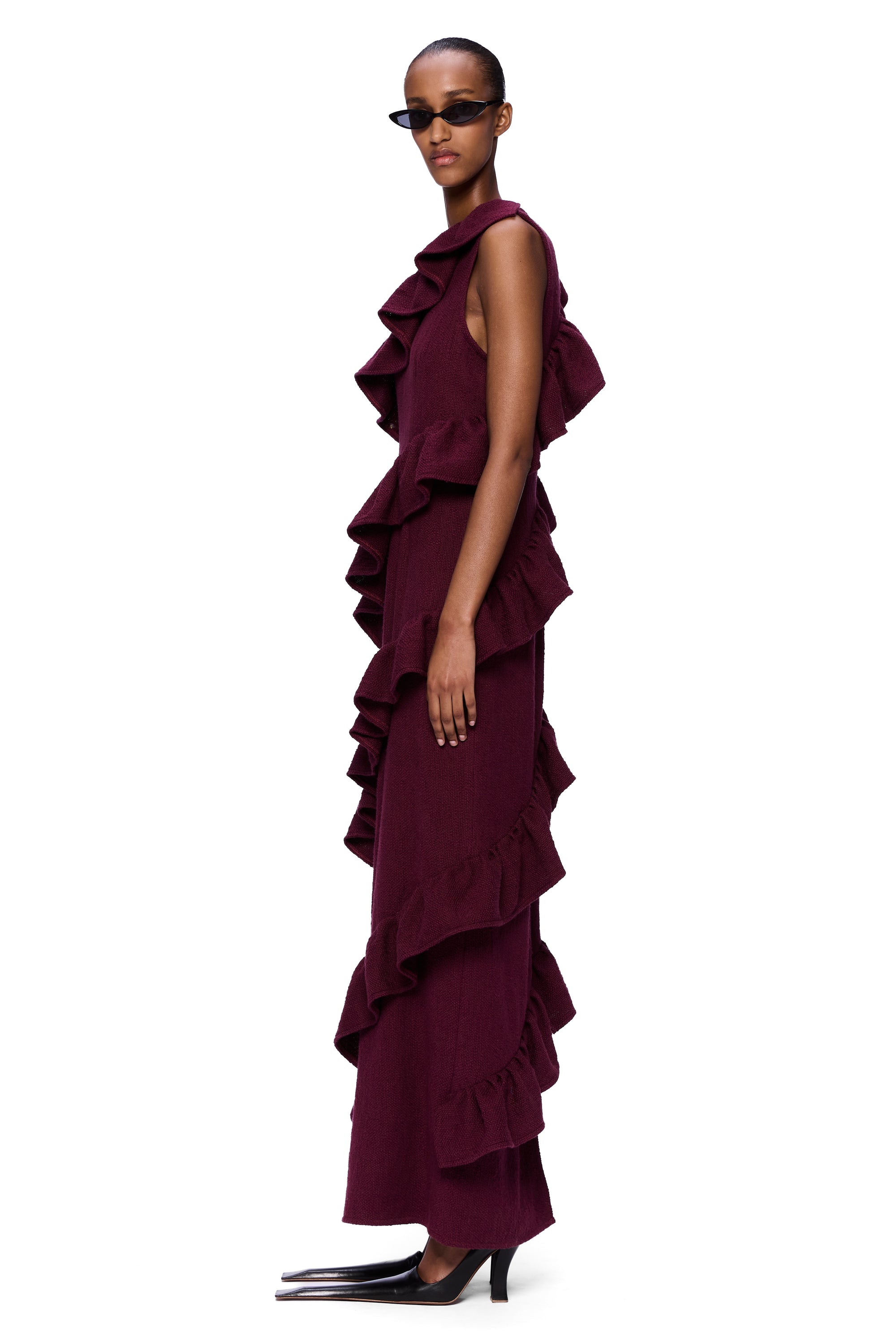 The Spiral Ruffle Dress : Merlot Flamme