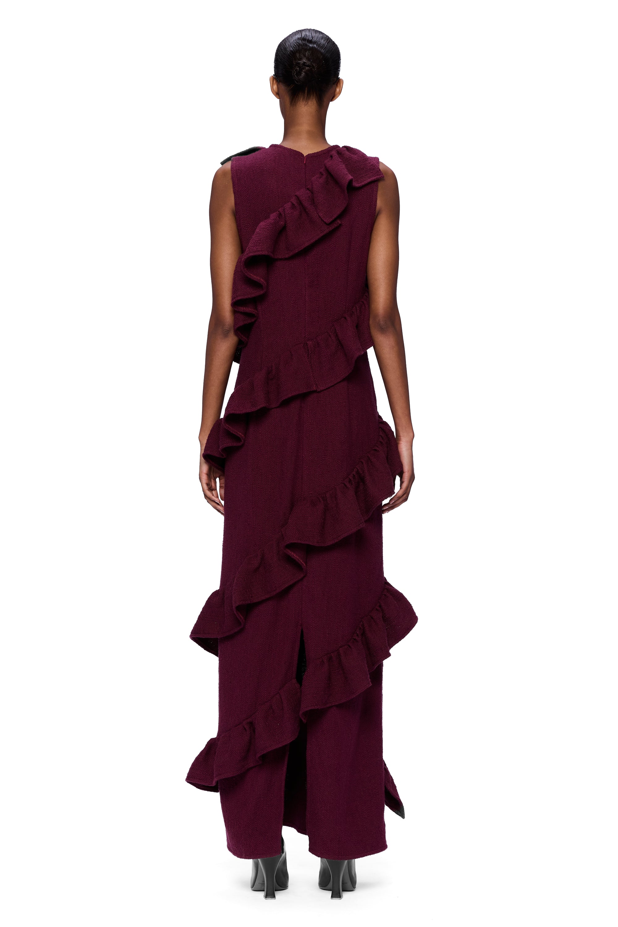 The Spiral Ruffle Dress : Merlot Flamme