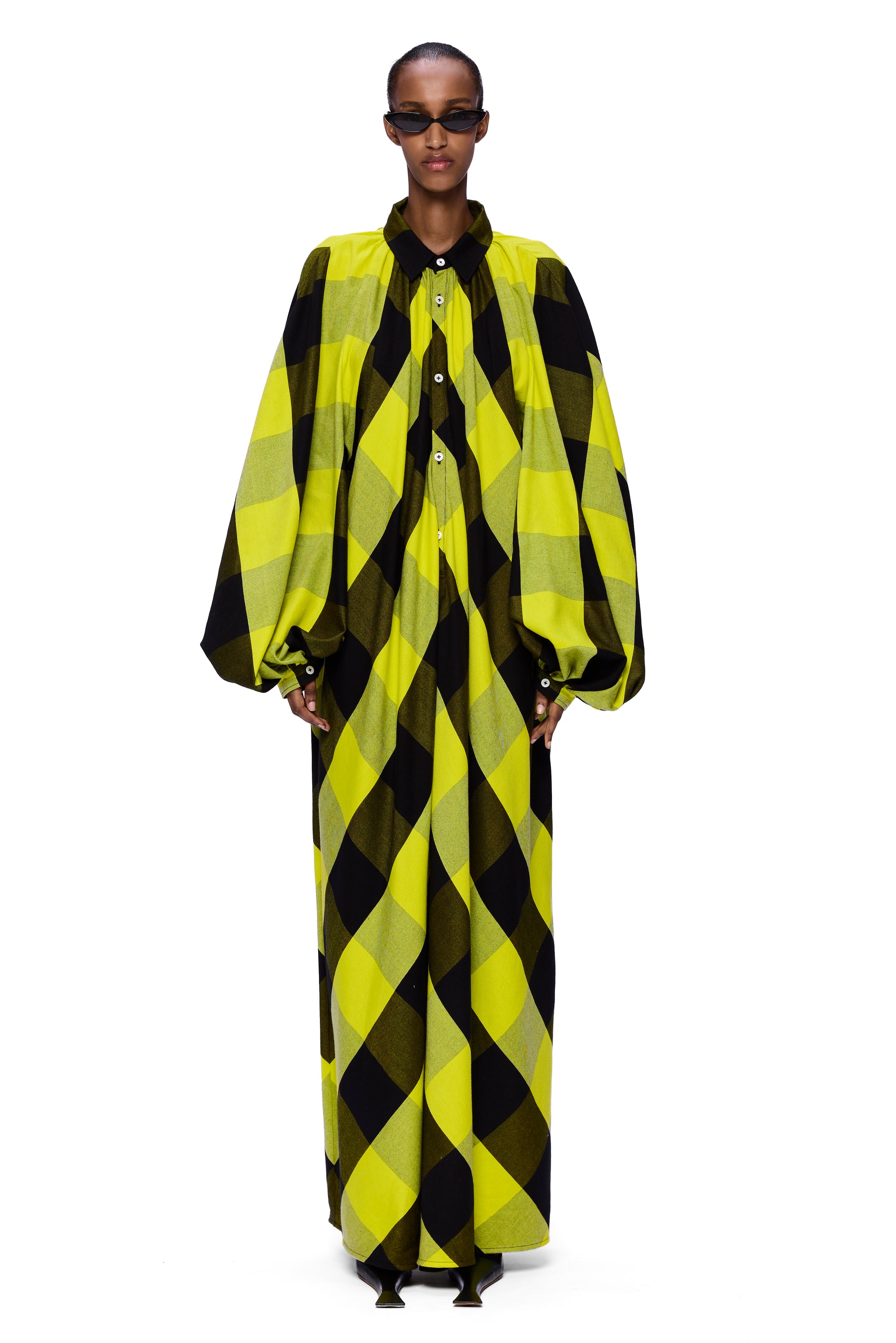 The Touareg Dress with Balloon Sleeve : Plaid Black + Sunny