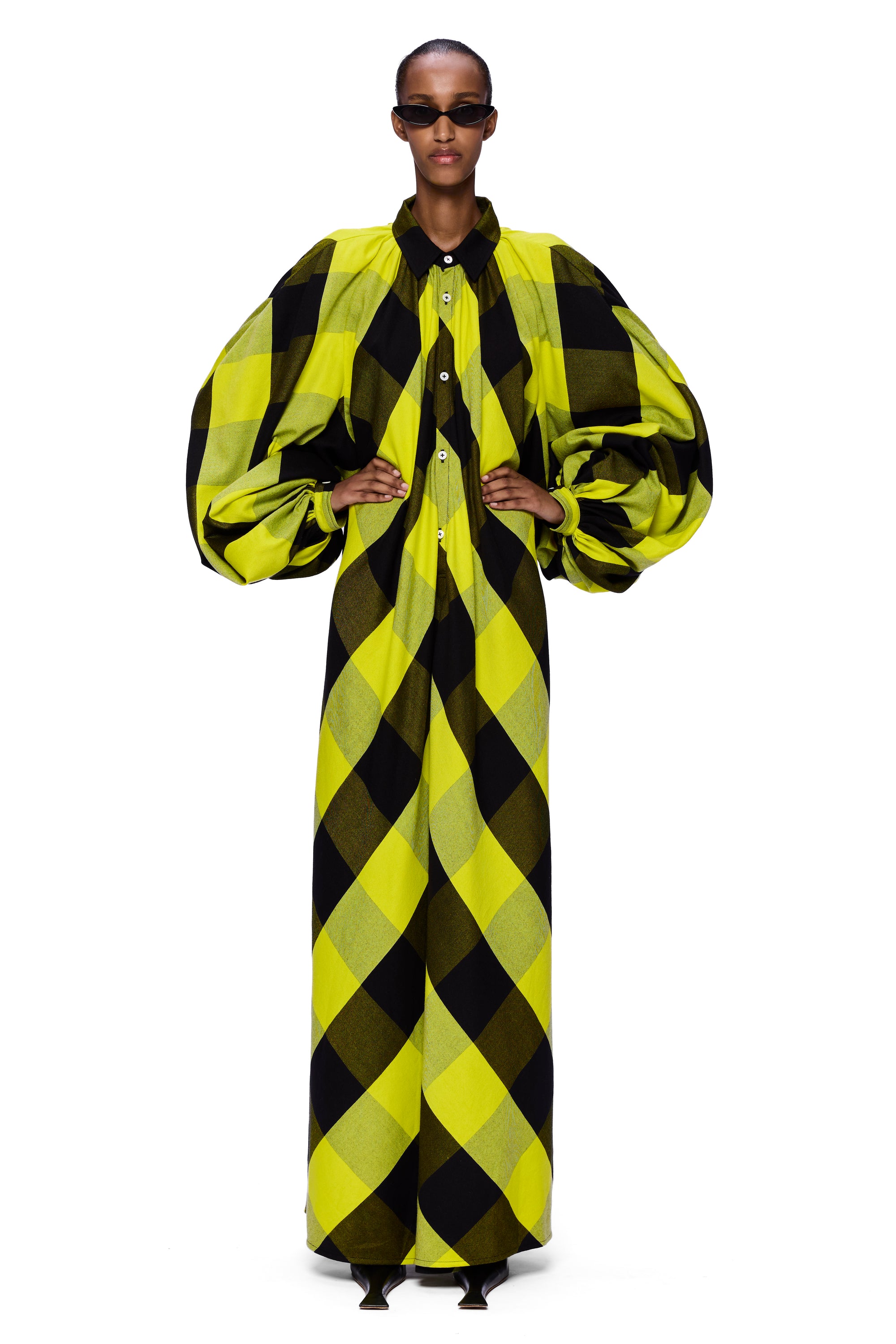 The Touareg Dress with Balloon Sleeve : Plaid Black + Sunny