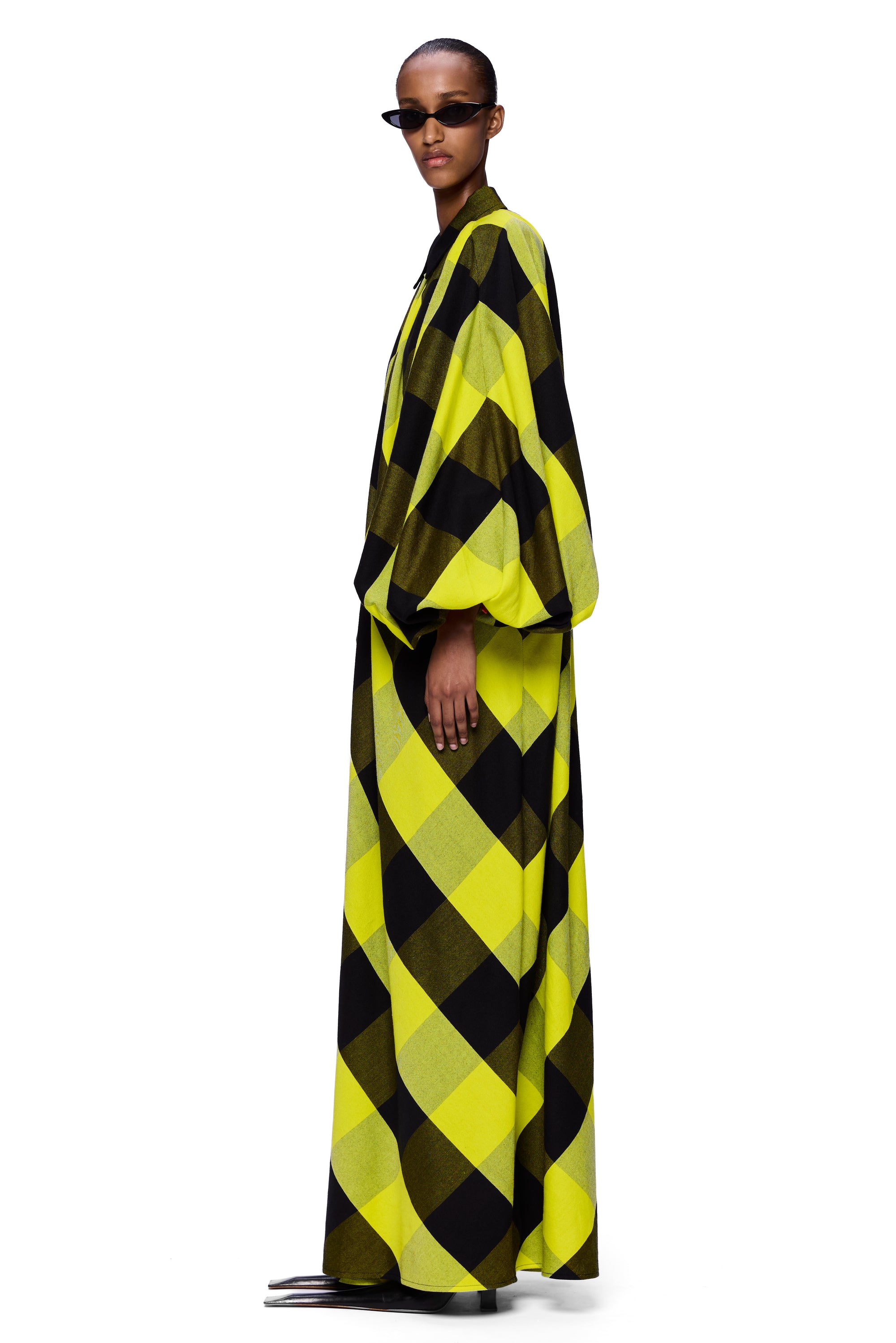 The Touareg Dress with Balloon Sleeve : Plaid Black + Sunny