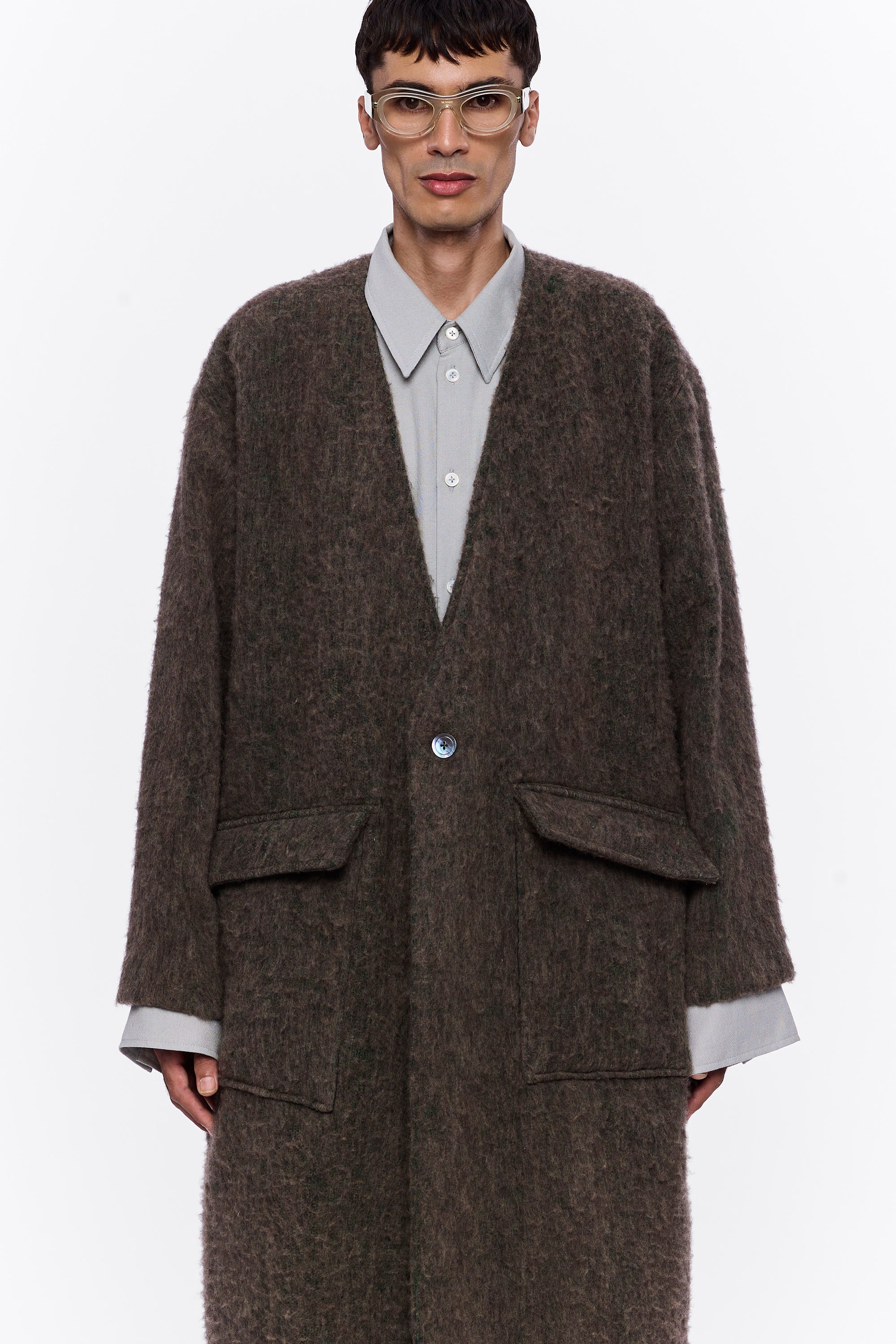 The Collarless Blanket Coat : Charcoal Brown Wool