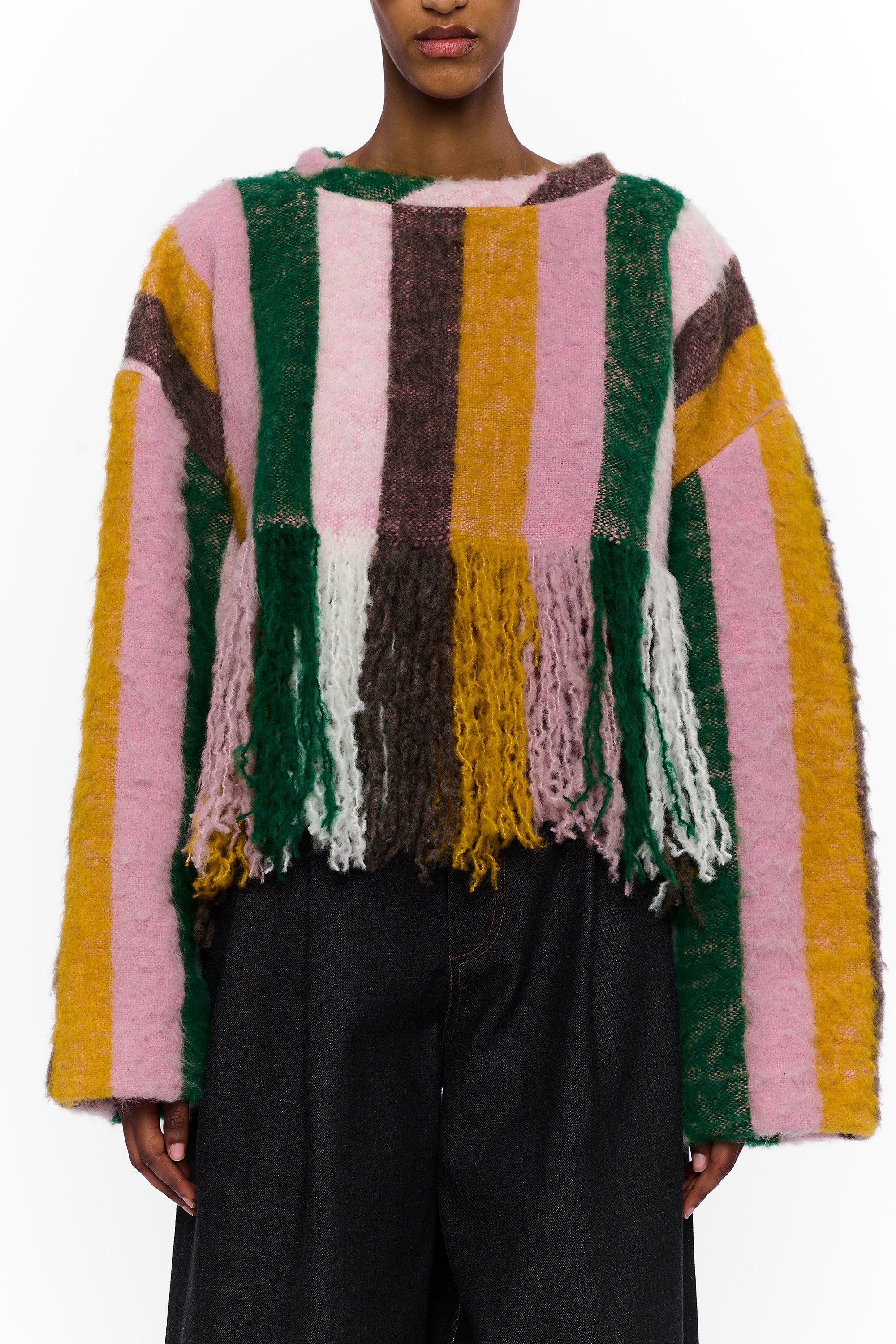 The Cropped Sweater with Fringe : Multicolor Stripe Wool
