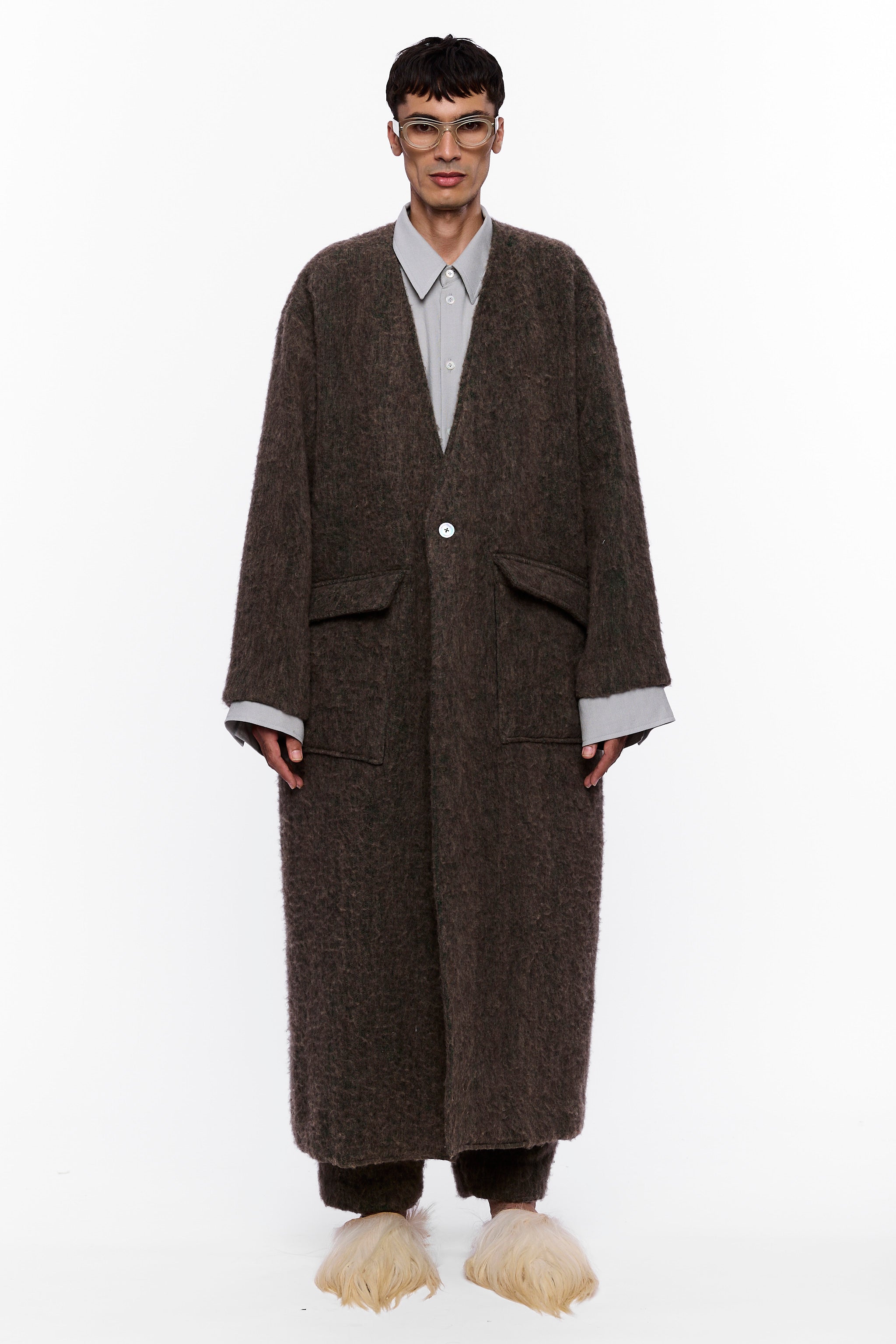 The Collarless Blanket Coat : Charcoal Brown Wool