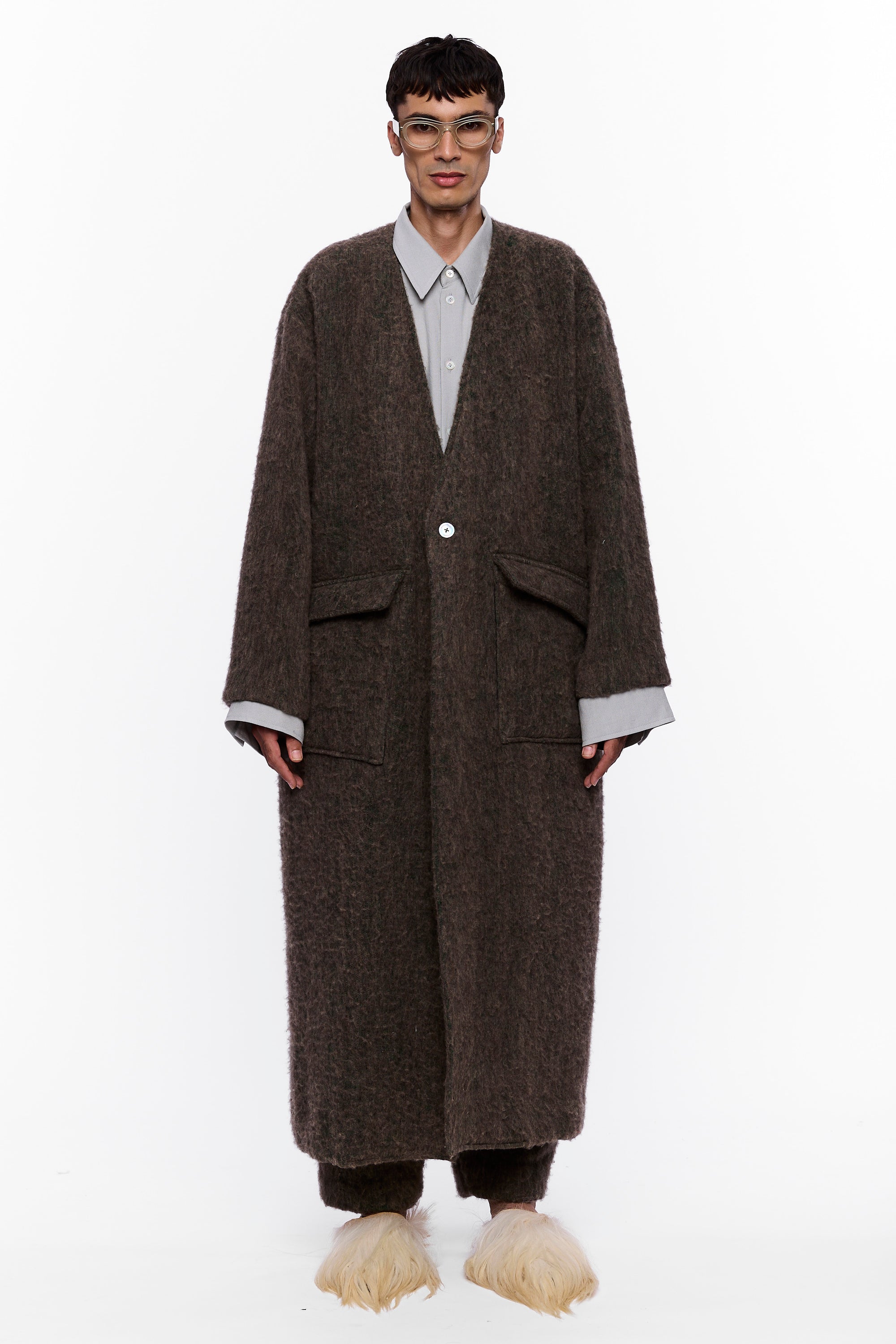 The Collarless Blanket Coat : Charcoal Brown Wool