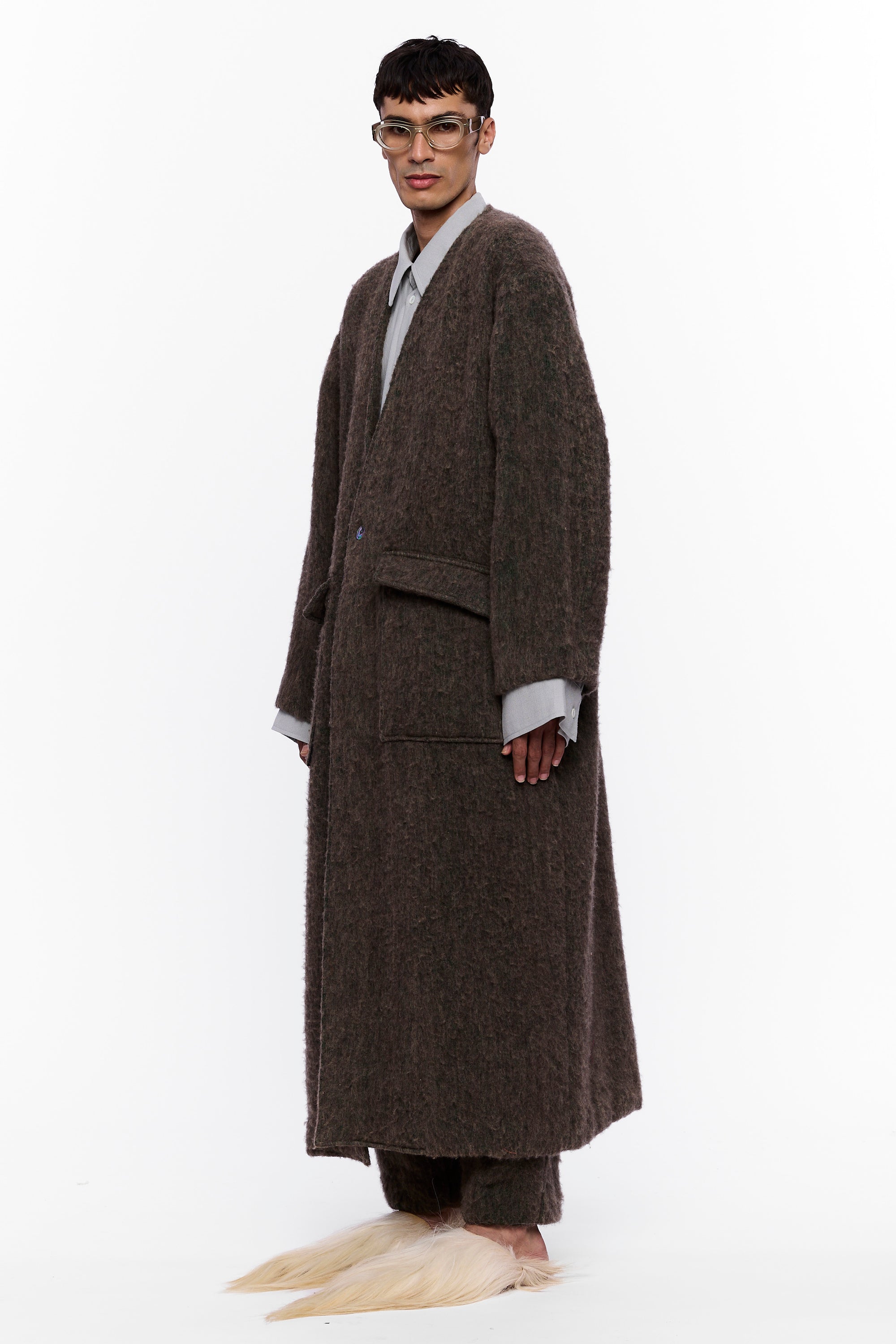 The Collarless Blanket Coat : Charcoal Brown Wool