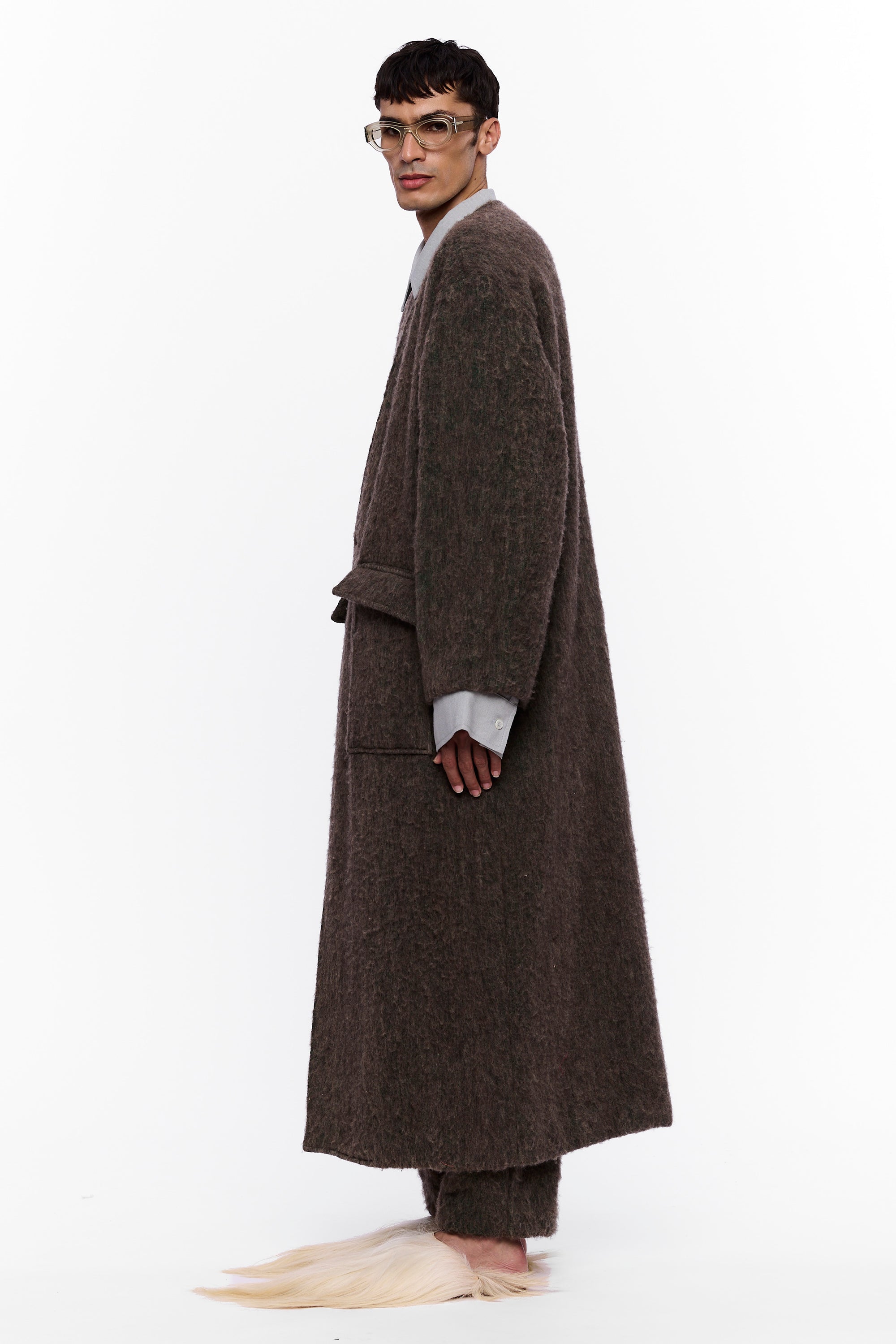 The Collarless Blanket Coat : Charcoal Brown Wool