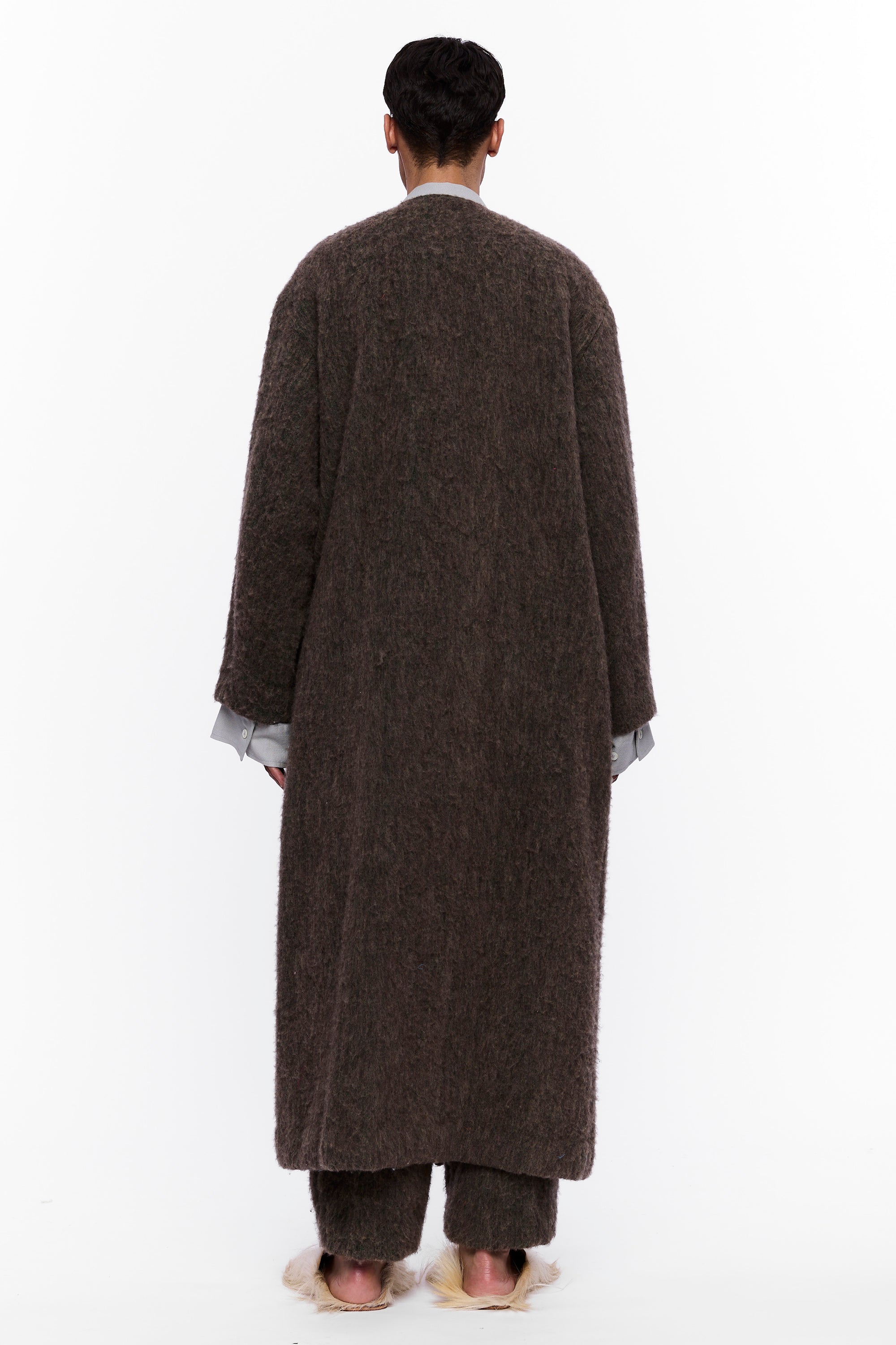 The Collarless Blanket Coat : Charcoal Brown Wool