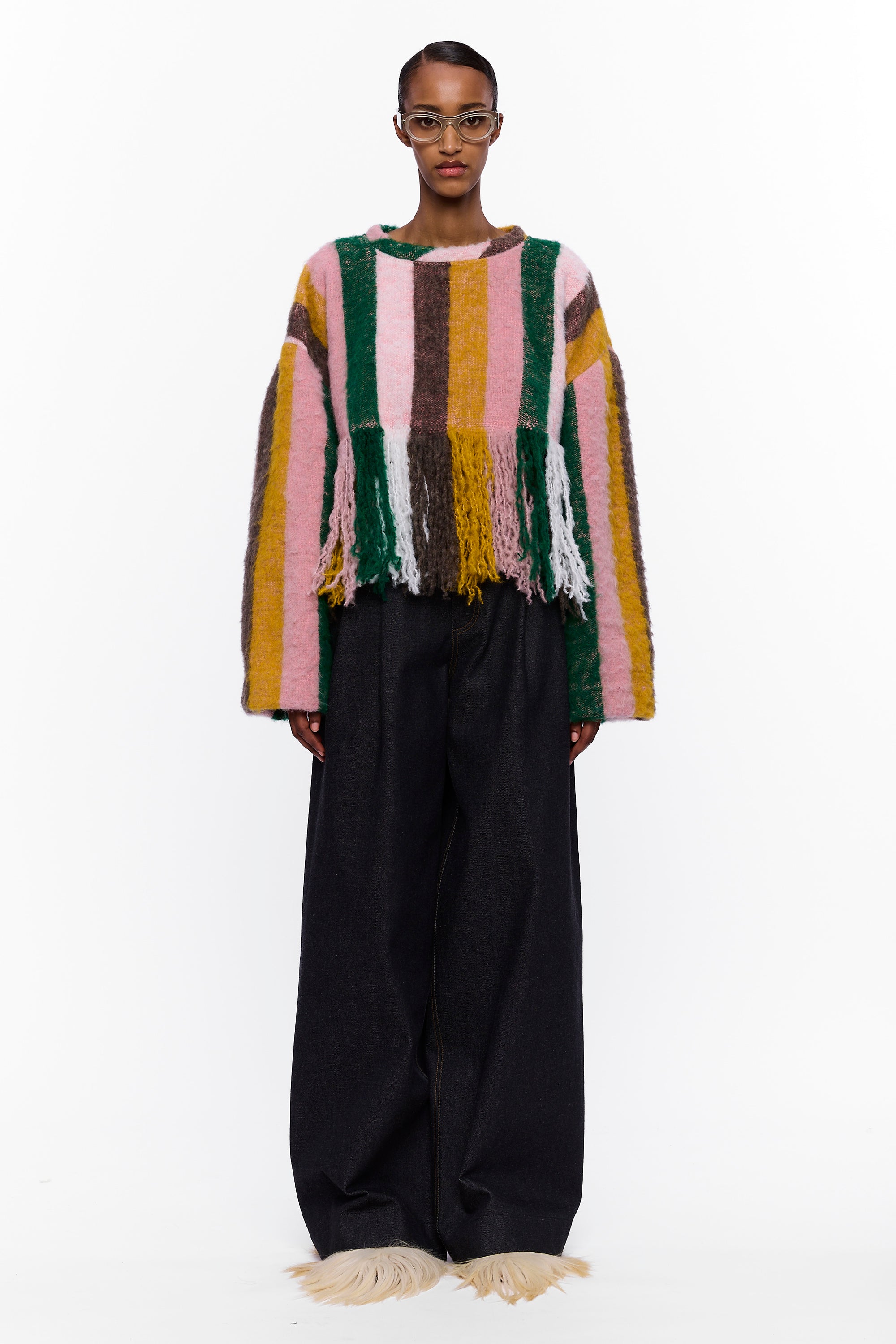 The Cropped Sweater with Fringe : Multicolor Stripe Wool