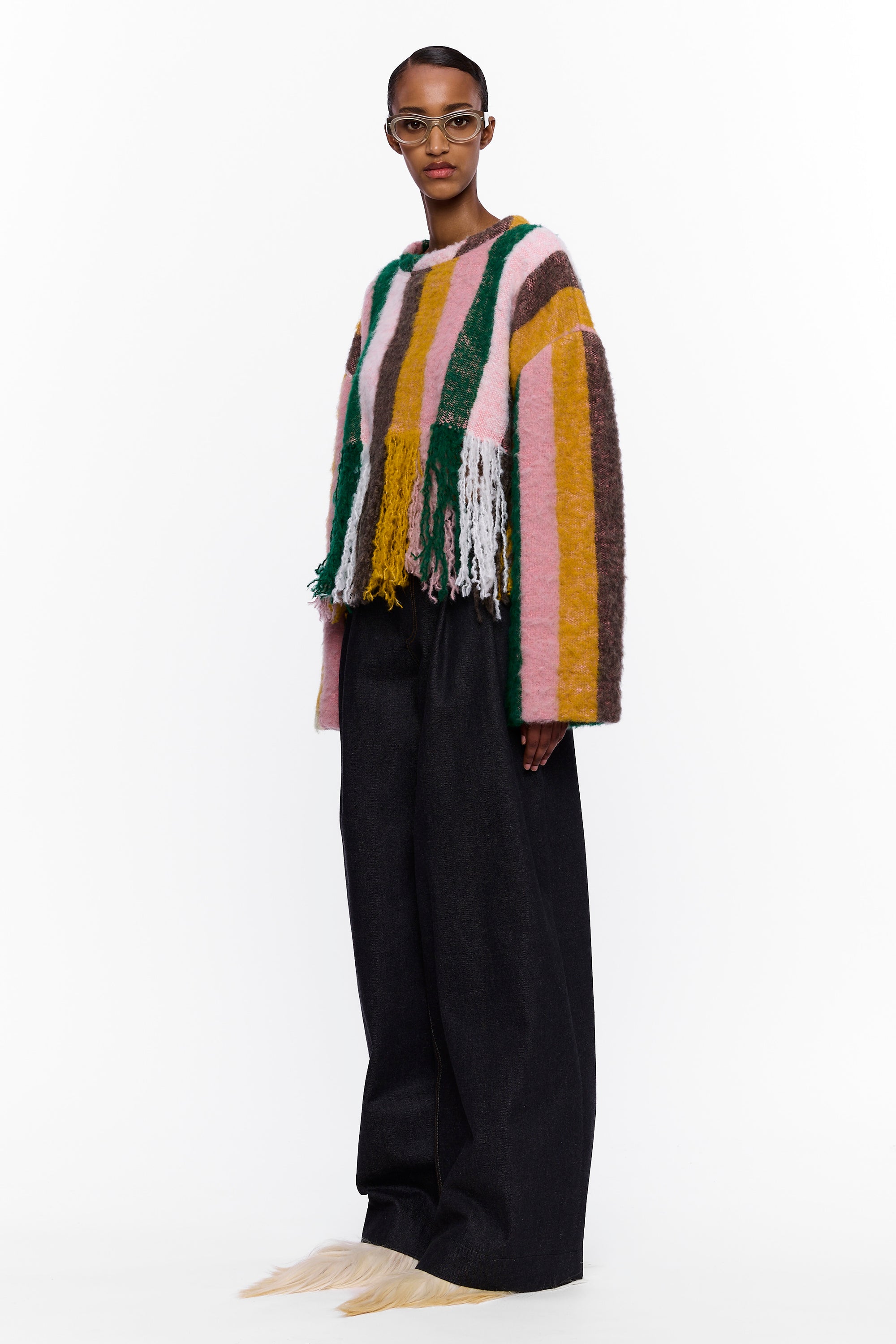 The Cropped Sweater with Fringe : Multicolor Stripe Wool
