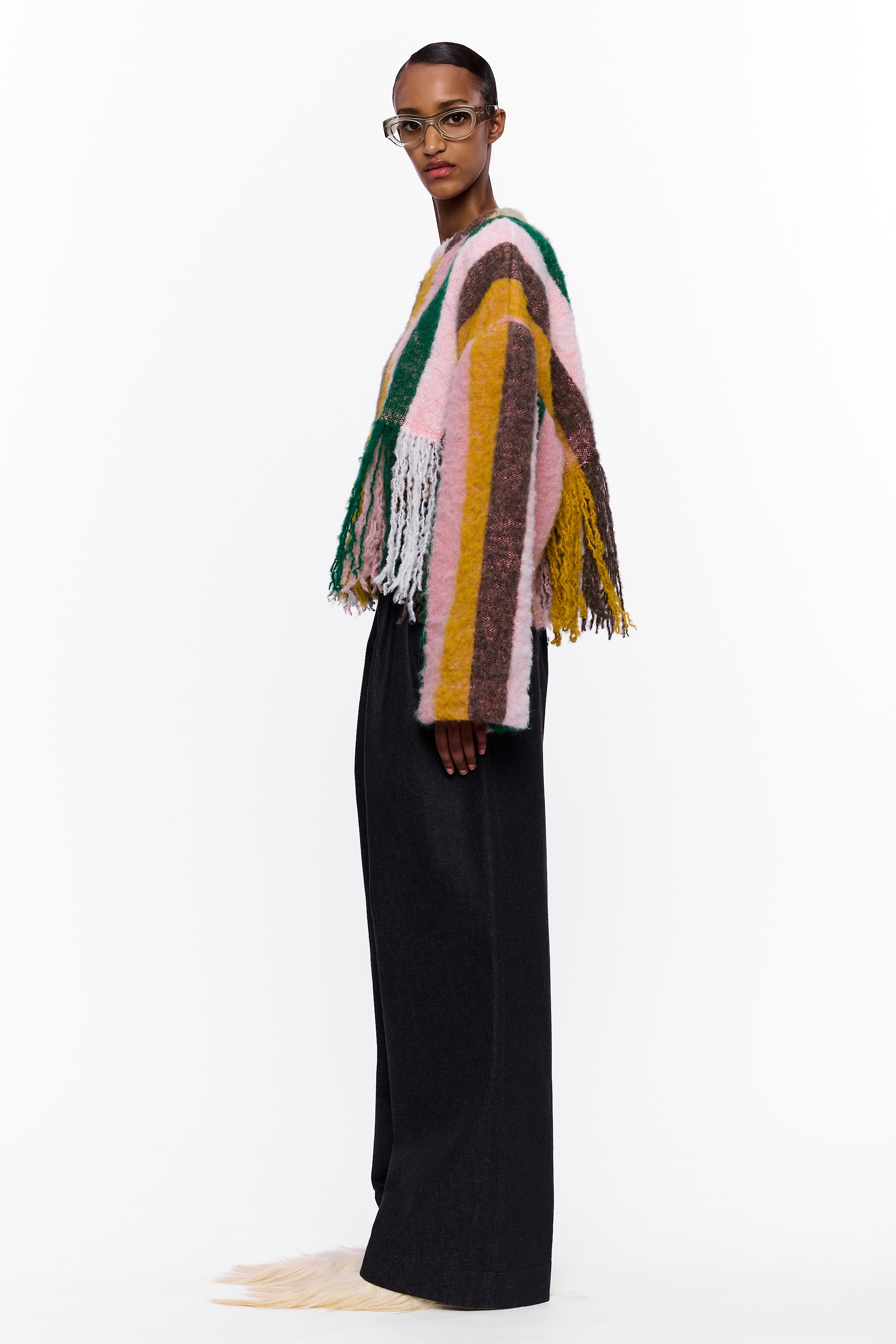 The Cropped Sweater with Fringe : Multicolor Stripe Wool