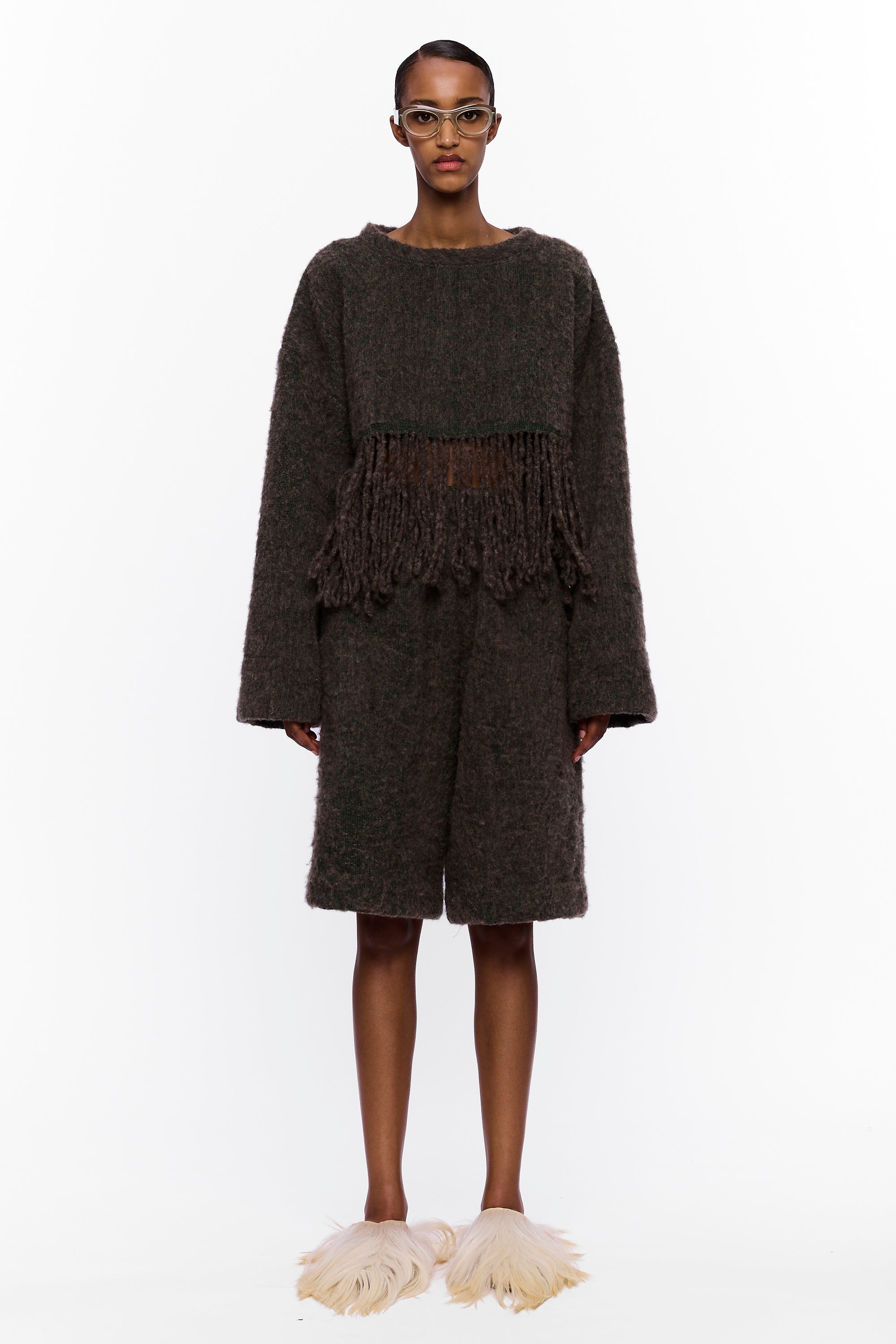 The Cropped Sweater with Fringe : Charcoal Brown Wool
