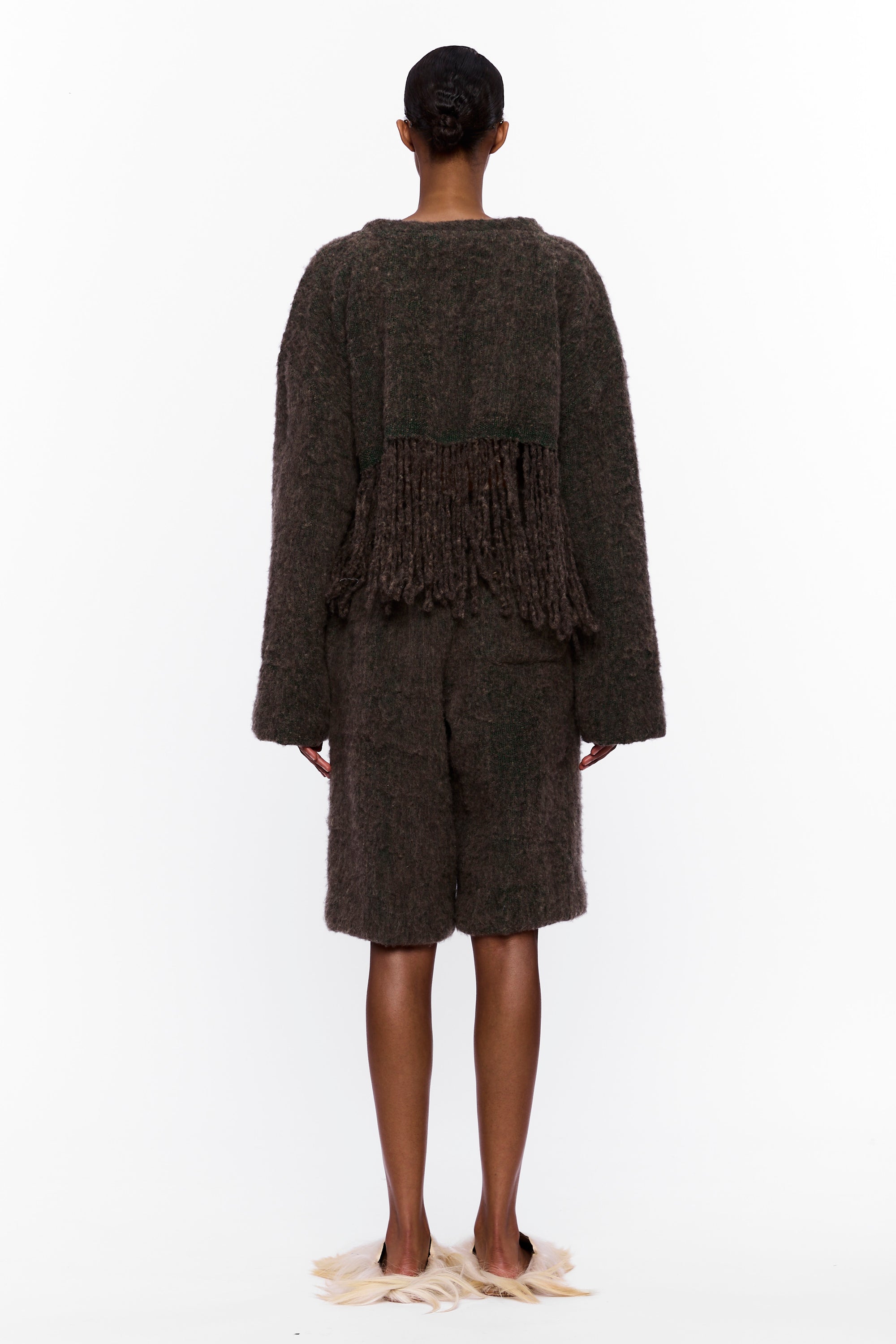 The Cropped Sweater with Fringe : Charcoal Brown Wool