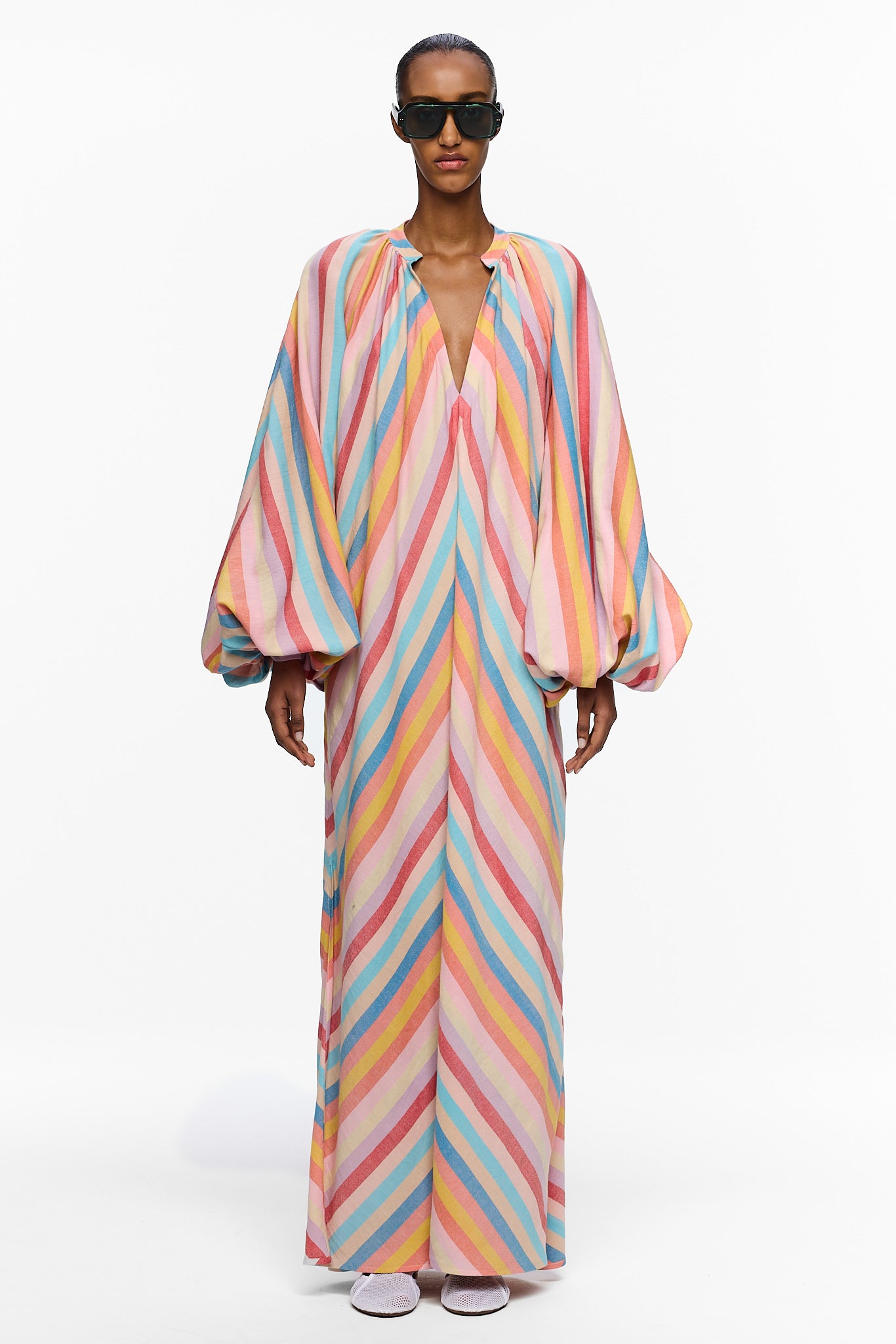 striped balloon sleeve maxi dress The Touareg with 174cm M = 59 Sexy V Neck Red women's evening attire Color:dark blue