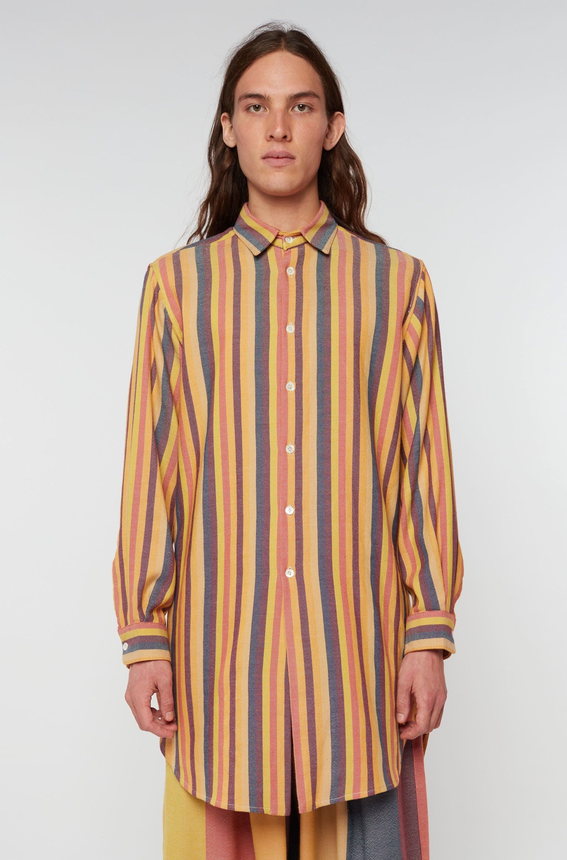 Button Down Long Shirt with Collar : Bold Indian Summer Rainbow Stripe